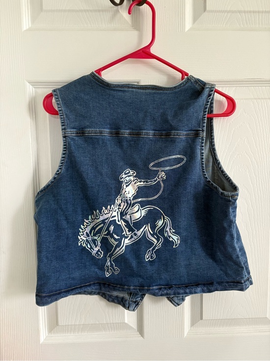 Jackets & Blazers - Sleeveless Denim Vest with Iridescent Rodeo Graphic - Blue